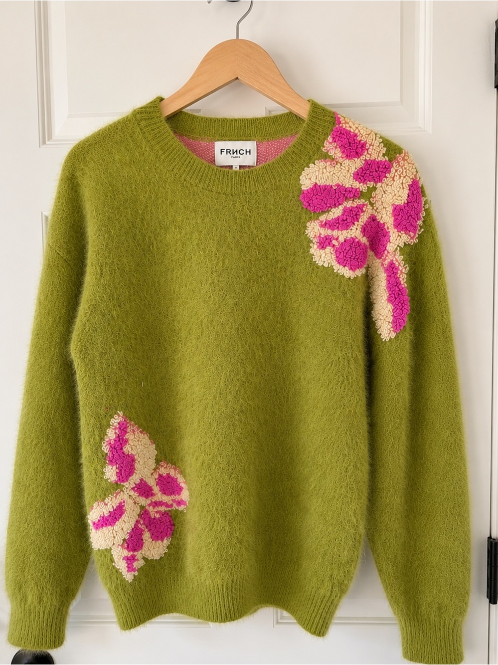 FRNCH Paris Fuzzy Olive Green Floral Appliqué Sweater Soft Knit Pullover Size M